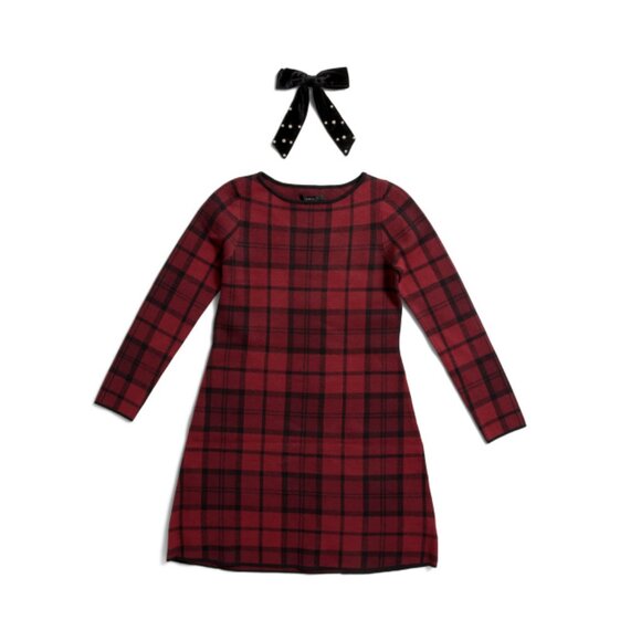 TAHARI Red Long Sleeve Plaid Mini Dress With Velvet Faux Pearl Hair Bow - Picture 1 of 2